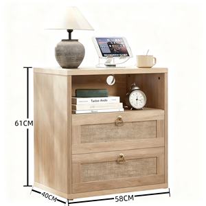 Table de chevet en bois style ferme avec tiroir en rotin, étagère ouverte et gestion des câbles, rangement frontal ouvert - Product Image 4