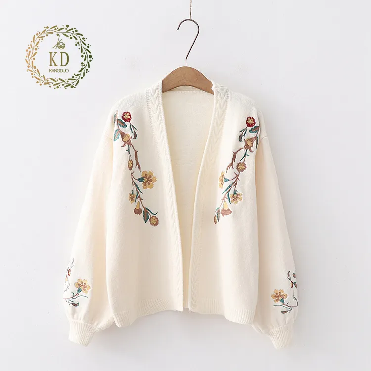 KD Knitwear Manufacturers Custom Lantern Sleeve Embroidery Floral Thick Loose Harajuku Female Sweater Women Knitted Cardigan