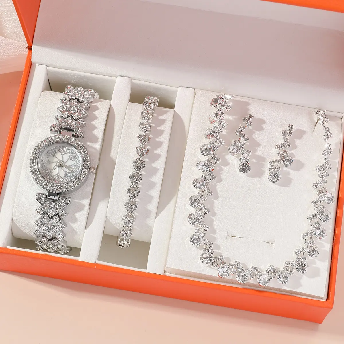 Luxury Women Watches Crystal Bracelet Stud Earring Necklace Set Ladies Casual Quartz Watch Set Jewelry