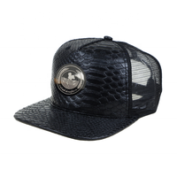 Topi Snapback 5 Panel Jaring Kulit Ular Kustom dengan Pelat Logam untuk Penggunaan Luar Ruangan & Perjalanan