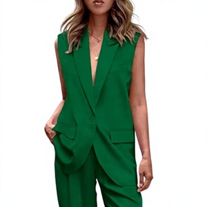 Women Sleeveless <b>Blazer</b> <b>Set</b> Solid Green Woven Fabric Notched Collar Two Piece Suit Formal All Seasons Regular Fit - Product Image 1