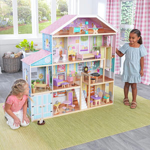 Maison de poupée en bois grande taille rose et bleue pour enfants, avec accessoires et meubles, jouets pour enfants - Product Image 1