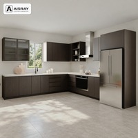 Meuble de cuisine en placage de bois pour villa, aménagement en L contemporain, rangement par tiroirs, fournitures pour projets résidentiels et boîtes de rangement en contreplaqué