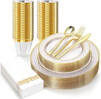 Ensemble de vaisselle en plastique transparent doré de qualité supérieure pour 25 invités, 175 pièces |   Lot de 50 assiettes, 25 couverts, 25 gobelets, 25 serviettes