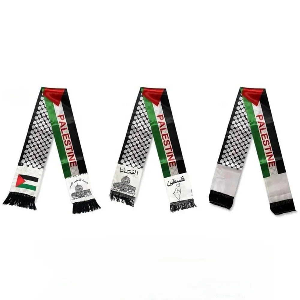 Cheap 14x135cm Palestinian Prayer Ethnic Scarves Shawls Custom Logo Silk Satin Scarf Flag Products Football Fans Palestine Scarf