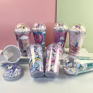 2024 High Quality Cute Cartoon Unicorn Plastic Water Bottle With Straw Custom Plastic Tumbler For Kids Birthday Party Gifts