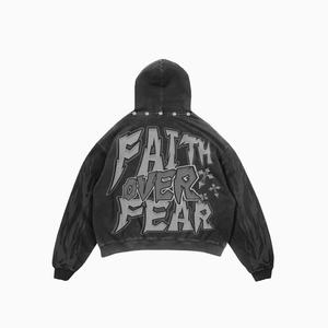 Sudadera con capucha y cremallera personalizada de 500 g/m², de peso pesado, con efecto desgastado por el sol y lavado ácido, oversize, corta y desgastada para hombre, con serigrafía y remaches, para invierno - Product Image 4