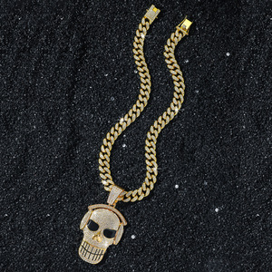 Collier Pendentif Crâne Hip Hop Plaqué Or et Argent, Sertie de Diamants, Chaîne Cubaine pour Homme, Écoutez de la Musique - Product Image 4