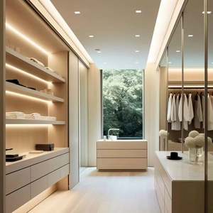 Armoire-penderie de chambre à coucher en bois blanc brillant avec éclairage en bande - Product Image 2