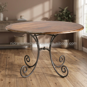 Table à manger réglable antique en fer forgé et bois de manguier massif, design industriel vintage français, mobilier de salle à manger pour hôtels - Product Image 3