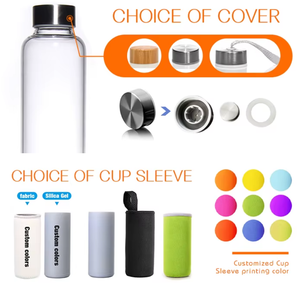 Bouteille d'eau portable personnalisée en verre borosilicate de haute qualité avec manchon en silicone et couvercle en bambou - Product Image 4