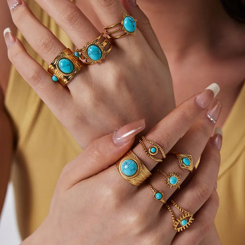 2023 tren mahkota turquoise eagle set cincin emas massal perhiasan terukir biru aquamarine cincin mewah set untuk semua jari