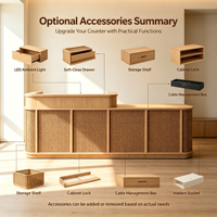 Comptoir de réception moderne en bois écologique et durable, à deux niveaux, avec des coins arrondis, de couleur claire, pour bureau, hall d'hôtel, supermarché
