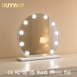 Weißer D-förmiger Runder Schminkspiegel mit Neun Runden Glühbirnen Tisch-LED-Kosmetikspiegel mit Rechteckiger Tablettbasis - Product Image 1