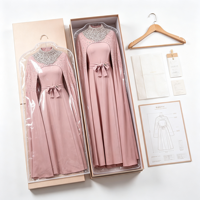 Abaya Cape Rose Poudré pour Femme, Col Montant, Ornée de Strass, Ceinture à Nœud, Robe Longue Fluide Musulmane, Robe de Soirée et de Mariage OEM