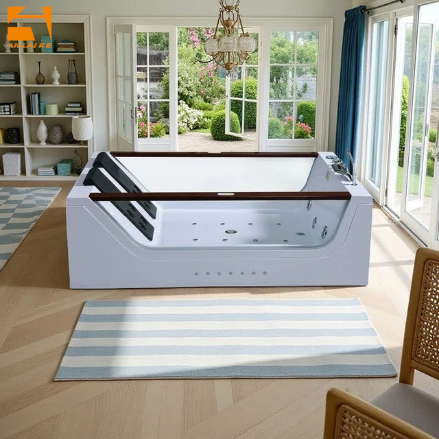 European Style Indoor Modern Smart Double Whirlpool Bathtub KF-626 White Rectangle Hydro Massage Bath  Two Person with Waterfall