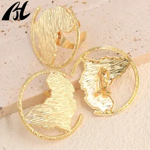 Manufacturer Ensemble de bijoux Metal Jewelry 18K Gold Africa Map Stud Earring Open Ring Women Jewelry Set