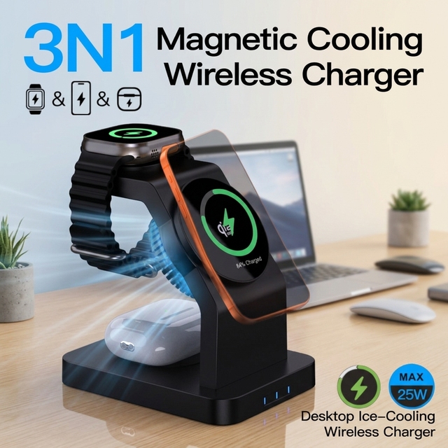 3 In1 Magnetic Ice Cooling PD 25W Wireless Charging Dock for 12-17 Earphone Smart Watch Type-C Port CE RoHS Certified ABS