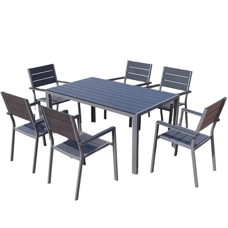 屋外プラスチック木材特定用途家具アルミガーデンパティオテーブルと椅子長方形テーブル6席ダイニングセットレジャー
