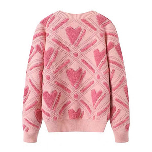 Pull en tricot jacquard rose à motif cœur pour femme Dalang, col rond, coupe ample, pull chaud d'hiver, anti-boulochage, manches longues - Product Image 2