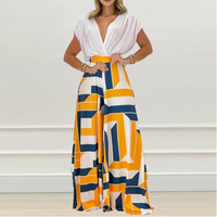 Ensemble deux pièces élégant à dégradé floral et col en V profond, coupe ample, pantalon large, style décontracté estival pour femme