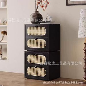 Mesita de noche de ratán estilo vintage, cómoda, unidad de pie de cama multifuncional de madera maciza, mueble de almacenamiento para el hogar - Product Image 3