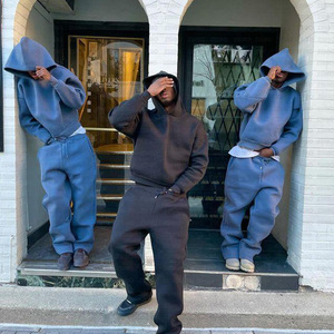 Heavyweight Custom Logo Sweat Suits Cotton Hoodie <strong>Tracksuits</strong> Thick Fabric French Terry Hoodies And Sweatpants Set For Men - Product Image 3