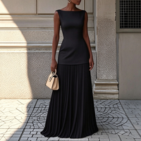 Robe en jean élégante sans manches à col bateau plissée longue pour femmes pour les occasions de soirée formelles