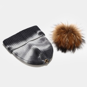 Hiver Femmes Enfants Toddler Tie Dye Real Fur Pom Pom Knit Hat Fisherman Tie-dye Beanie With Amovible Pompom - Product Image 6