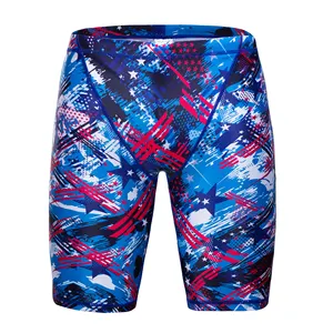 Men's Swim Jammers by KGKE Compression Fashion Print Jammer Swimsuit Swim Boxer Long