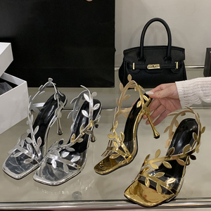 Sandalias de tacón alto y fino con correa trasera para mujer, diseño de hojas, punta cuadrada abierta, estilo stiletto, con correa de PVC, para verano - Product Image 4