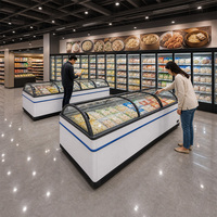Congelador vertical de exhibición de alimentos congelados de 1100L, extra largo, con puerta corrediza de vidrio curvo, parte superior abierta, enfriamiento por ventilador, eficiente en la utilización de energía, para mariscos