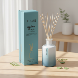 Aikun Online Low MOQ 3 Day Sample 7 Day Ship Any Aroma Lasting 200ML Sticker Glass Bottle Blue Box <b>Reed</b> <b>Diffuser</b> Set for Bedroom - Product Image 1