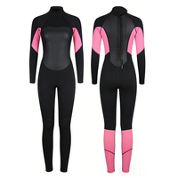 Wetsuit Wanita OEM Grosir 3mm Neoprene Bermotif, Full Zip untuk Surfing & Diving, Dilengkapi Pelindung Lutut, Logo Depan, Desain Color Block
