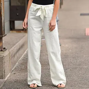 Pantalones informales de talla grande para mujer, pantalón holgado con cintura elástica, Color sólido, algodón y lino, con cinturón, pierna ancha