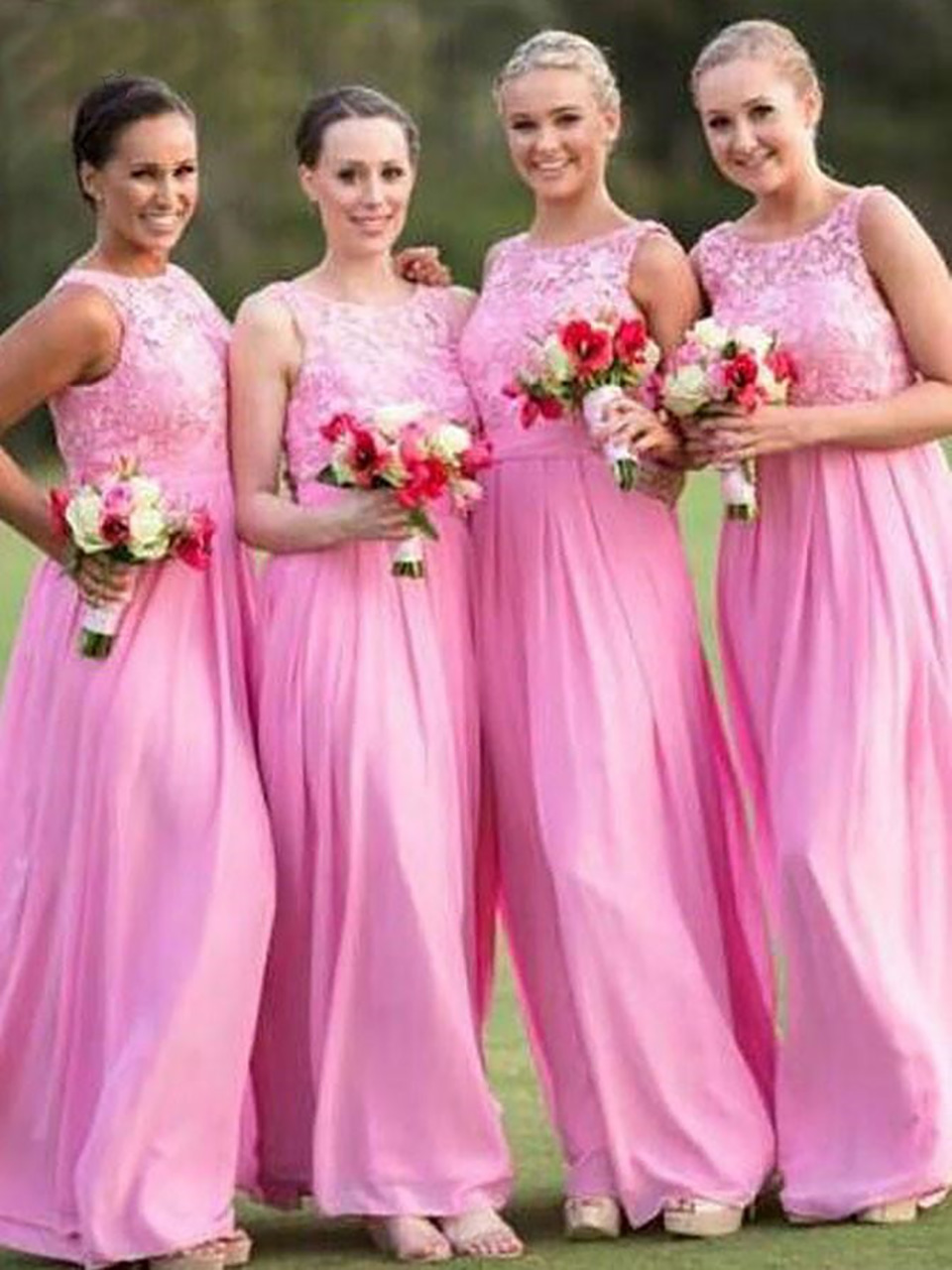 Pink Front Split Bridesmaid Dresses with Lace Appliques