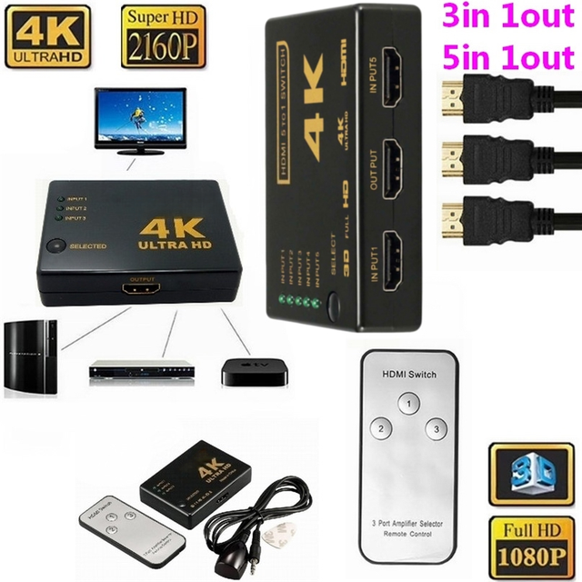 3 5 Port 4K HDMI Switch Splitter Hub Video IR Remote Control HDMI Switcher Box 5 in 1 OUT 1080p for Xbox DVD HDTV PC Laptop TV