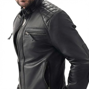 Blouson Moto Homme Noir en Cuir Véritable Respirant Col Montant Fermeture Boutons Cachés Coupe Slim Style Motard Automne - Product Image 3