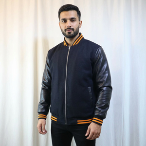 Blouson bomber en cuir PU noir pour homme avec garniture orange, fermeture éclair, style décontracté, vêtement d'automne, Clush Sports - Product Image 1
