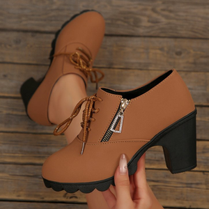 Chaussures pour femmes, bottes à talons hauts, nouvelle collection automne, 915, talons épais, bottes courtes, bout rond, lacets, bottes pour femmes - Product Image 3