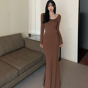 Long Sleeve Fishtail Bodycon Dress For Women Light Gray O Neck Slim Fit Casual Daily Wear Solid Color Splicing Design - Product Image 3