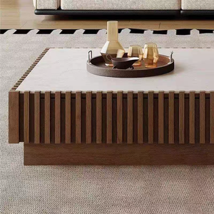 Ensemble de tables basses gigognes modernes en noyer à lattes, avec plateau en pierre frittée et <span class=keywords><strong>table</strong></span> <span class=keywords><strong>d</strong></span>'<span class=keywords><strong>appoint</strong></span> rétractable pour la <span class=keywords><strong>d</strong></span>écoration du salon - Product Image 5