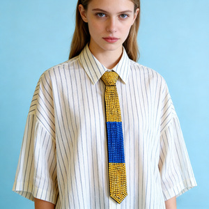 Corbata con Bloques de Color y Decoración de Diamantes de Imitación para Hombre y Mujer, Corbata Brillante sin Nudo, Estilo Casual de Negocios, Material de Rayón - Product Image 2