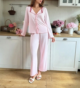 <span class=keywords><strong>Pijama</strong></span> Casual <span class=keywords><strong>Rosa</strong></span> de Algodón con Lazo para Mujer, Conjunto de Dos Piezas, Ropa de Dormir, Ropa para el Hogar, Pijamas Personalizables ODM - Product Image 5