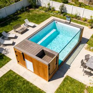 Piscine hors sol en fibre de verre avec fenêtre en verre acrylique sur mesure facile à installer, grand modèle, conteneur en bois, en vente - Product Image 2