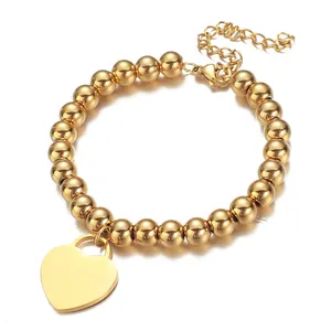 Customized engraved beaded chain bracelet jewelry silver/gold stainless steel heart love charm bead chain bracelet for women