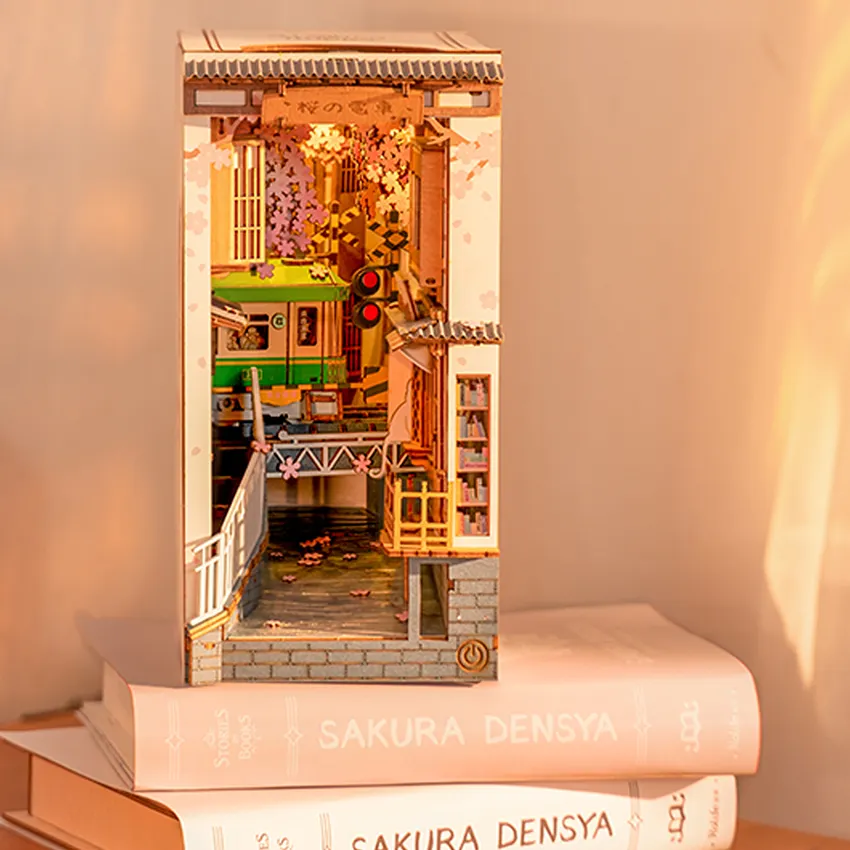 Robotime Rolife 3D Wooden DIY Miniature House Book Nook TGB01 Sakura Densya Assemble Toys Bookend