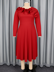 AM050710 autunno elegante 3D manica lunga con volant impero una linea plissettata Plus Size rosso Midi formale abito Casual da donna - Product Image 4