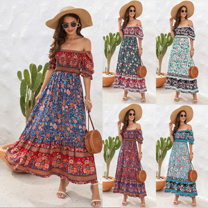 Vestidos Casuales Bohemios en Oferta, Vestido Largo de Verano para Mujer, Estilo Bohemio, Manga Corta Abullonada, Estampado Floral, Hombros Descubiertos, para Chicas - Product Image 1
