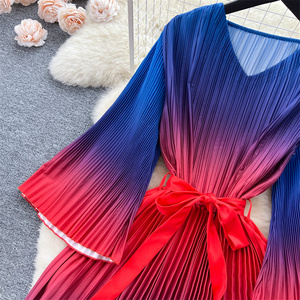 Abito a maniche lunghe girocollo personalizzato da <span class=keywords><strong>donna</strong></span> con lacci in vita che dimagrisce abito lungo <span class=keywords><strong>blu</strong></span> rosso pieghettato - Product Image 4